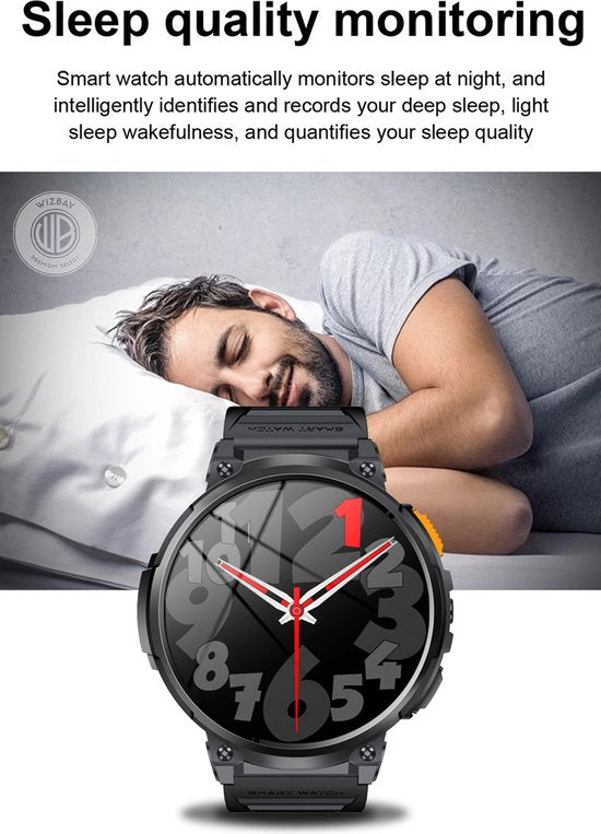 WizBay Premium Select® 1.83inch HD TFT - Bellen AI Voice - Message - Hartslag & Slaap Monitor - Bloeddruk & O2 - 100+ Sport Modi - LED Zaklamp - 730mAh - Magnetic Laden - Zinc Alloy Zwarte Case - Zwarte TPU Band