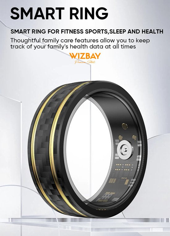 WizBay Premium Select® Aluminium Bi-Color Carbon Fiber Goud Smart Ring – Dames Heren – Oplaad Case - Hypoallergeen - Hartslag & Slaap Monitor - IP68 Waterdicht - O2 Meting - Gesture Functie - Multiple Sport Modi - Bi-Color Goud Zwart #10