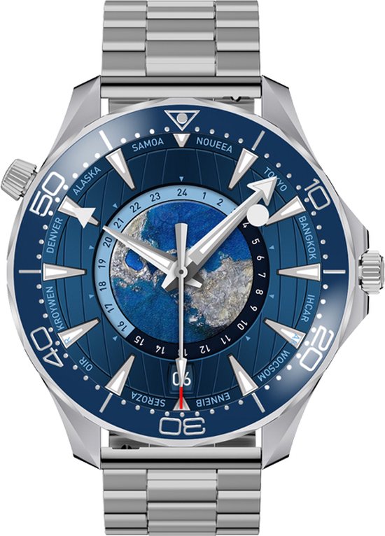 WizBay Premium Select® 1.53 inch HD TFT - Bluetooth Bellen - Message - Dynamic Hartslag & Slaap Monitor - Bloeddruk & Bloedzuurstofmeting - 100+ Sport Modi - 400mAh - Wireless Laden - Zilveren Case - RVS Zilver Band met Extra Blauwe TPU Band