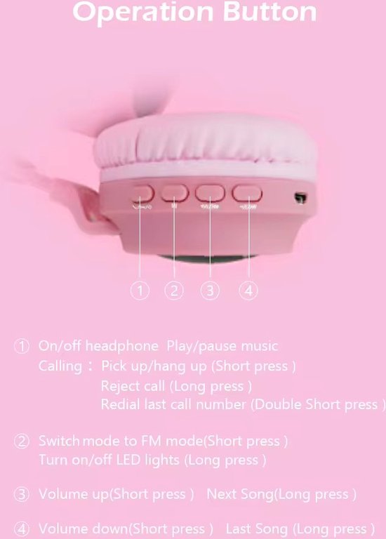 WizBay Premium Select® CAT Ear KIDS LED Headset met Microfoon - LED op de Buitenkant - HD Bluetooth Phone Call - Ingebouwde Microfoon - SD Card - Verstelbare Hoofdband - Soft Zuurstof doorlatend Ear Pads - Kleur Grijs Buitenkant Roze Binnenkant
