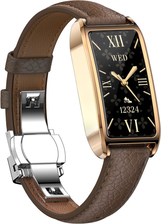 WizBay Premium Select® 1.13 Inch AMOLED Smartwatch Goud met Donker Bruin Leren Band – Hartslag, Bloeddruk SpO₂ Monitoring – Fitness Tracker – Elegant Vierkant Design – Android iOS