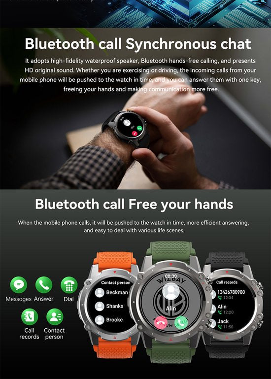 WizBay Premium Select® 1.45inch Sport Smartwatch Dames Heren TFT - Bellen - Magnetic Laden - Slaap Hart Monitor - O2 Bloeddrukmeter - Sport Modi - Message - Alu Mat Zilver Case - Smartwatches - Leger Groen TPU Band - Extra Zwarte TPU Band