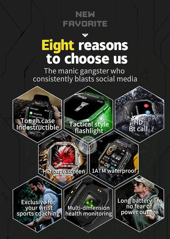WizBay Premium Select® 2.1 inch AMOLED HD - Kompas Altitude & Barometer - LED Zaklamp - Bluetooth Bellen - Message - Dynamic Hartslag & Slaap Monitor - Bloeddruk & O2 - 100+ Sport Modi - 650mAh - Magnetic Laden - Zink Alloy Zwart Case - Zwart TPU