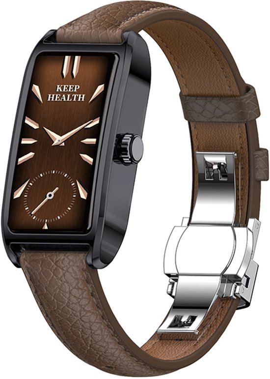 WizBay Premium Select® 1.13 Inch AMOLED Smartwatch Zwart met Donker Bruin Leren Band – Hartslag, Bloeddruk SpO₂ Monitoring – Fitness Tracker – Elegant Vierkant Design – Android iOS