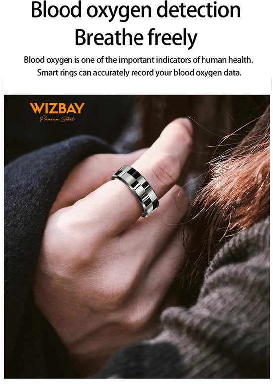 WizBay Premium Select® Smart Ring Zilver - Hartslag, Slaap, Bloeddruk, Zuurstof - Multi Sport Modi - Oplaadcase - Maat 8