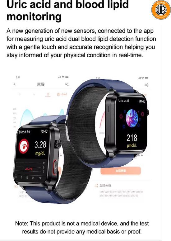 WizBay Premium Select® Smartwatch Dames Heren 1.92inch - Glucose Meting - Airbag Blooddruk - ECG - Urinezuur Bloedlipiden Meting - O2 - Multiple Sport Modi - Message - Alu Mat Zwart Case - Smartwatches - Zwarte TPU Band