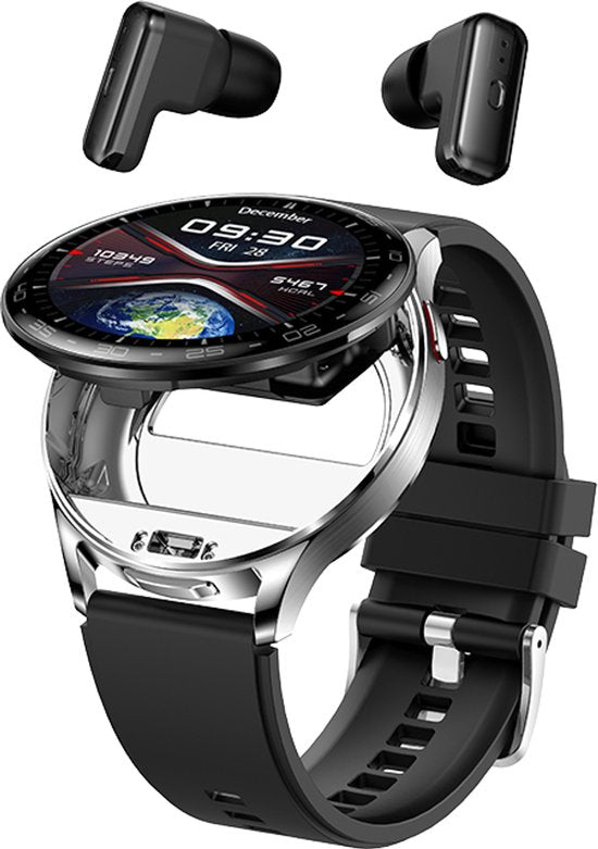 WizBay Premium Select® 1.39inch 2in1 Sport Smartwatch Dames Heren MP3 Player met EARBUDS - 300Ah Watch - 25mAh Earbuds - Bluetooth Bellen - AI Voice - O2 Bloeddrukmeter Multi Sport Modes - Android iOS - Zilver met Zwarte Siliconen Band