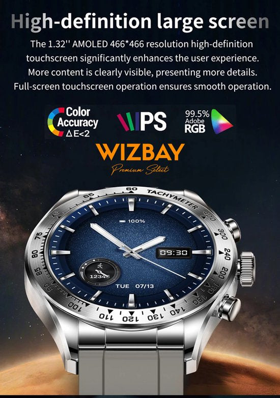 WizBay Premium Select® 1.32-inch AMOLED Smartwatch Dames/Heren – 178 Sportmodi – AI Voice – Bellen – Hartslag en Slaap – O2 – app GloryFitPro – Dual BT5.3 – 350mAh – Inclusief RVS en Siliconen Band Zwart