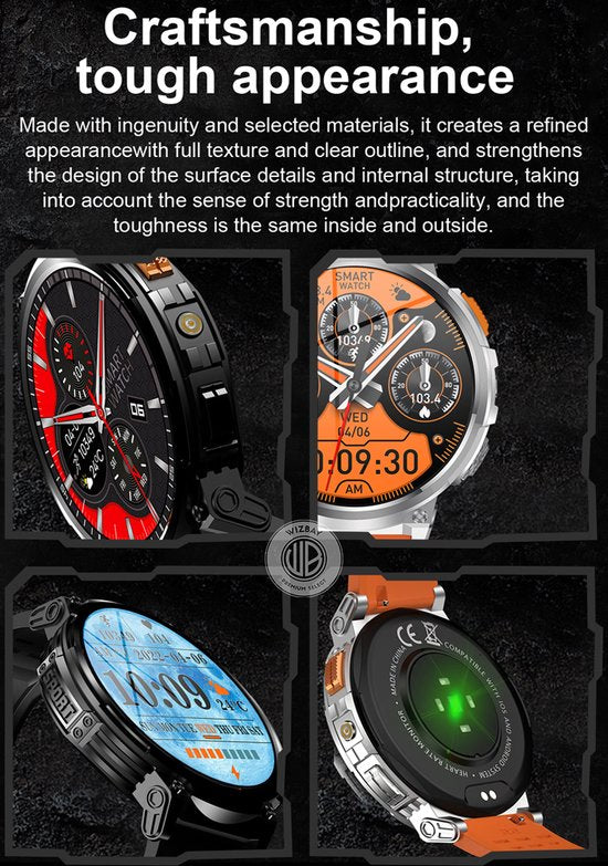 WizBay Premium Select® 1.83inch HD TFT - Bellen AI Voice - Message - Hartslag & Slaap Monitor - Bloeddruk & O2 - 100+ Sport Modi - LED Zaklamp - 730mAh - Magnetic Laden - Zinc Alloy Zwarte Case - Zwarte TPU Band