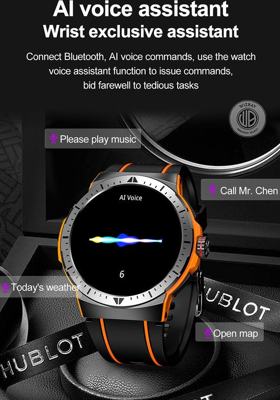 WizBay Premium Select® 1,43 Inch AMOLED Sport Smartwatch Zwart Oranje - Bluetooth Bellen - Hartslag Bloeddruk Zuurstof - IP68 Waterdicht - 100+ Sportstanden - 466x466