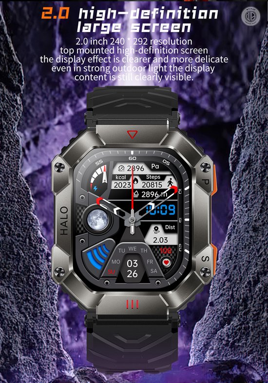 WizBay Premium Select® 2.0 inch HD TFT - Kompas, Altitude & Barometer, Meter - Bluetooth Bellen - Message - Dynamic Hartslag & Slaap Monitor - Bloeddruk & O2 - 100+ Sport Modi - 650mAh - Magnetic Laden - Zink Alloy Mat Grijze Kast - Zwart TPU Band
