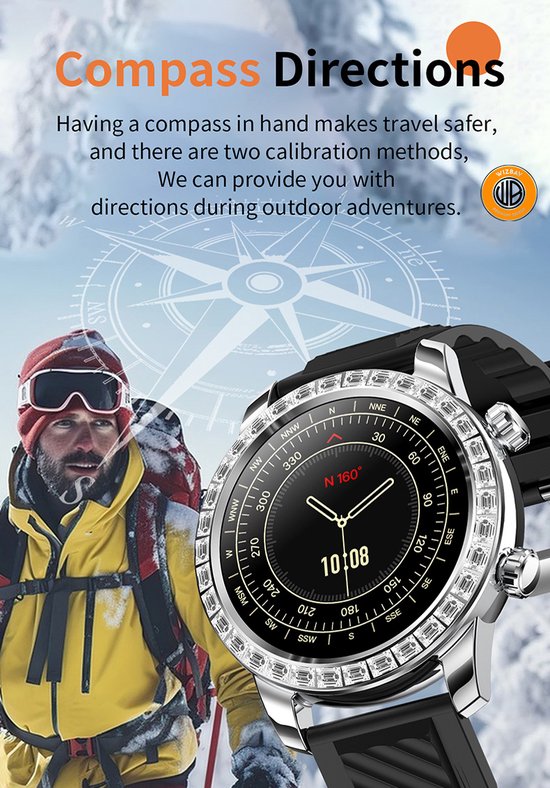 WizBay Premium Select® Smartwatch 1.52 Inch AMOLED - Bellen - Wireless Charging - Kompas - Hartslag O2 en Bloeddruk - Multi Sport - Zilver - Zwart Lederen Band extra Zwarte TPU Band