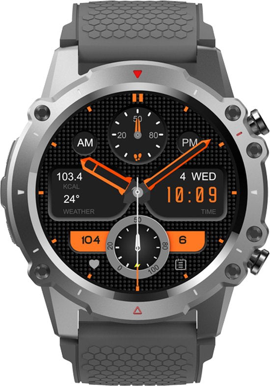 WizBay Premium Select® 1,45 Inch Smartwatch - Bluetooth Bellen - Hartslag Zuurstof - IP67 Waterdicht - Sportmodi - 280mAh - Zilver Zwart Extra Grijs Siliconen Band