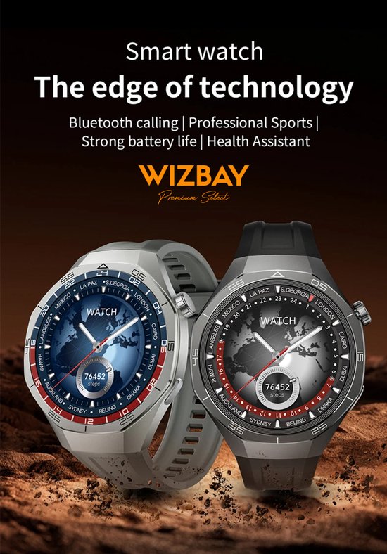 WizBay Premium Select® 1.53 inch TFT Smartwatch Dames Heren - Sapphire Glas - Android en iOS - Bluetooth Call - 02 Zuurstof - Bloedruk - Message - AI Voice - Multiple Sport Modi - Obsidiaan Zwarte Case 2 extra Banden Zwart Leer en Siliconen