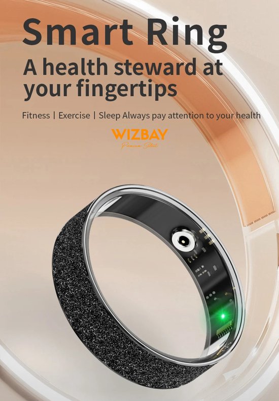 WizBay Premium Select® Gouden FrostLook Smart Ring Dames Heren - Oplaad Case - Hypoallergeen - Hartslag & Slaap Monitor - IP68 Waterdicht - O2 Meting - Gesture Functie - Multiple Sport Modi - #9