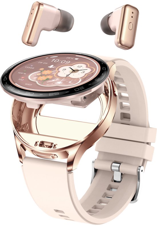 WizBay Premium Select® 1.39inch 2in1 Sport Smartwatch Dames Heren MP3 Player met EARBUDS - 300Ah Watch - 25mAh Earbuds - Bluetooth Bellen - AI Voice - O2 Bloeddrukmeter Multi Sport Modes - Android iOS - Goud met Roze Siliconen Band