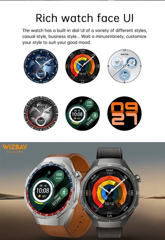 WizBay Premium Select® 1.53 inch TFT Smartwatch Dames Heren - Sapphire Glas - Android en iOS - Bluetooth Call - 02 Zuurstof - Bloedruk - Message - AI Voice - Multiple Sport Modi - Obsidiaan Zwarte Case 2 extra Banden Zwart Leer en Siliconen