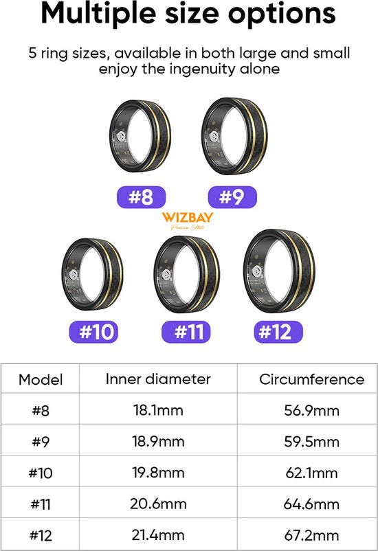 WizBay Premium Select® Aluminium Bi-Color Carbon Fiber Goud Smart Ring – Dames Heren – Oplaad Case - Hypoallergeen - Hartslag & Slaap Monitor - IP68 Waterdicht - O2 Meting - Gesture Functie - Multiple Sport Modi - Bi-Color Goud Zwart #10