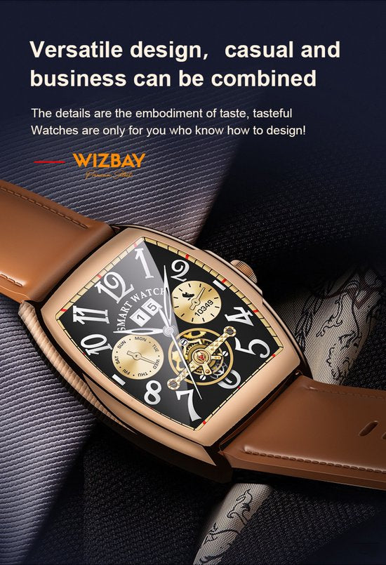 WizBay Premium Select® 2D Curved 1.77inch IPS Screen Elegante Smartwatch Dames Heren AMOLED - Android en iOS - Bluetooth Call - 02 Zuurstof - Dynamic Hartslag & Slaap Monitor - Message - Magnetic Laden - Smartwatches - Goud Bruine Lederen Band