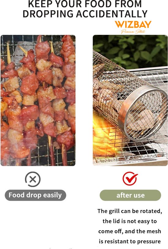 WizBay Premium Select® BBQ Grillmand - Roestvrijstalen BBQ Grillrooster en Groentemand - BBQ Gereedschap - Ook voor vlees en vis - Set van 2 Groot en Klein