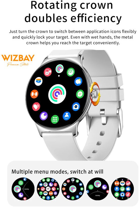 WizBay Premium Select® Ultra Dun 1.42inch AMOLED Elegante Smartwatch Dames Heren AMOLED - Android en iOS - Bluetooth Call - 02 Zuurstof - Dynamic Hartslag & Slaap Monitor - Message - Magnetic Laden - Smartwatches - Zwart Glanzende Kast - Zwarte Band