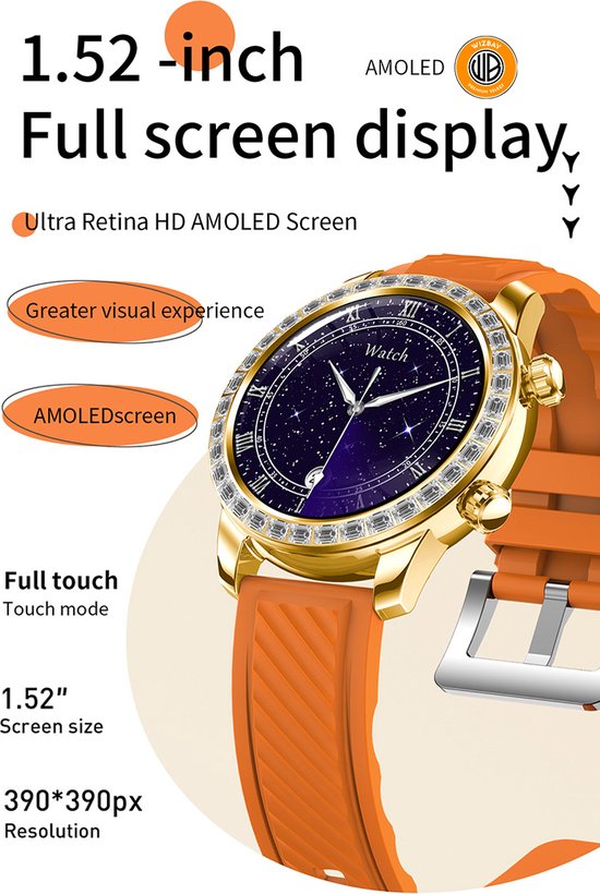 WizBay Premium Select® Smartwatch 1.52 Inch AMOLED - Bellen - Wireless Charging - Kompas - Hartslag O2 en Bloeddruk - Multi Sport - Zilver - Zwart Lederen Band extra Zwarte TPU Band