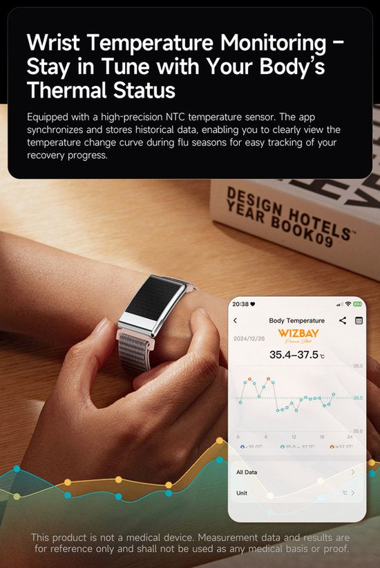 WizBay Premium Select® Smart Bracelet - Screenloze Gezondheidsarmband - ECG - HRV - Hartslag - Zuurstof - Temperatuur - Glucosetrends - BMI - iOS en Android - IP68 - Zilver Rosé