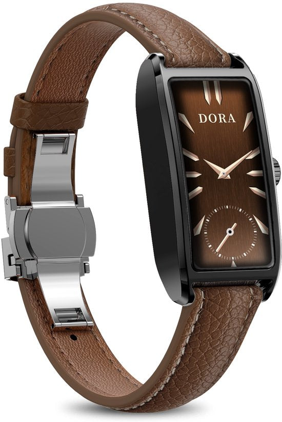 WizBay Premium Select® 1.13 Inch AMOLED Smartwatch Zwart met Donker Bruin Leren Band – Hartslag, Bloeddruk SpO₂ Monitoring – Fitness Tracker – Elegant Vierkant Design – Android iOS