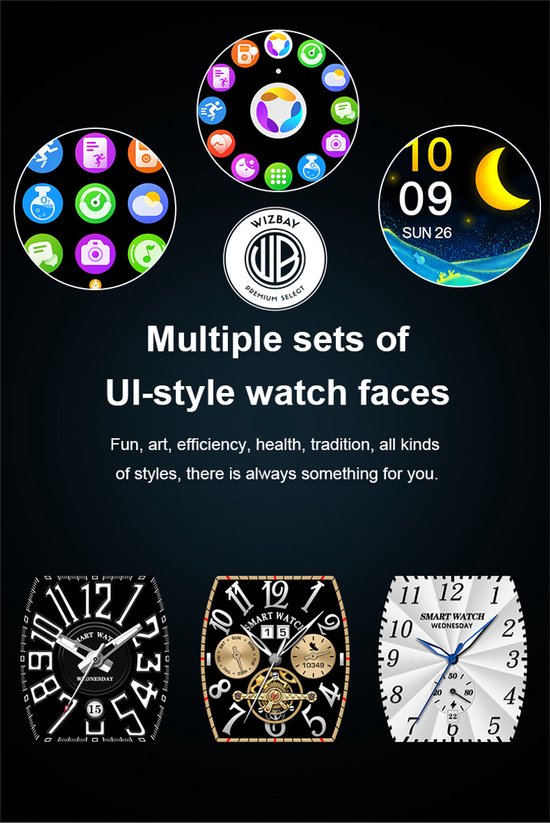WizBay Premium Select® 2D Curved 1.77inch IPS Screen Elegante Smartwatch Dames Heren AMOLED - Android en iOS - Bluetooth Call - 02 Zuurstof - Dynamic Hartslag & Slaap Monitor - Message - Magnetic Laden - Smartwatches - Zilver Case Zwart Lederen Band