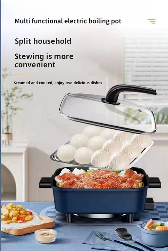 WizBay Premium Select® 3in1 Koreaanse Elektrische Grill 6L – Hotpot – Stoompan – Inclusief Aluminium Stoomplaat – Funcooking - Gourmetten - 4 tot 6 Personen – Anti Aanbak Laag – 1500W – Temperatuurregeling – Blauw