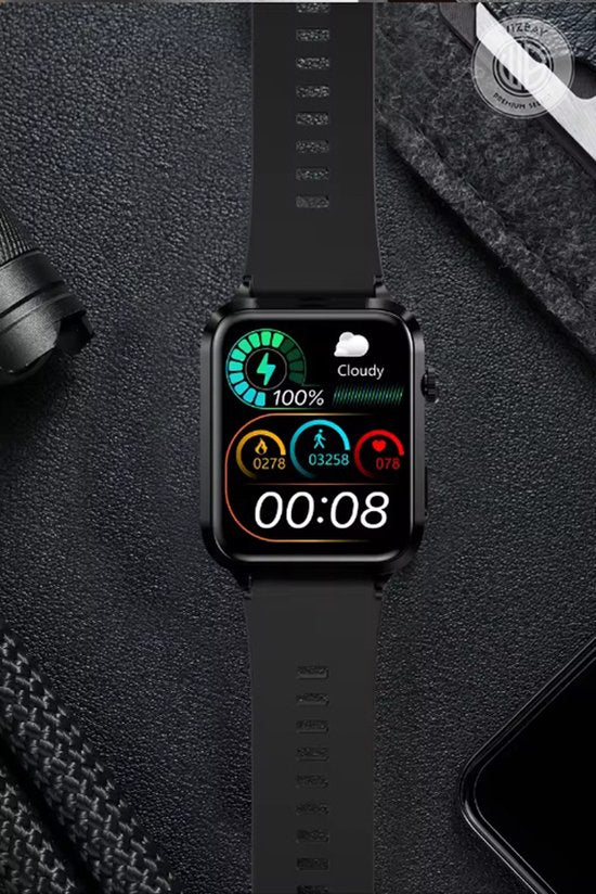 WizBay Premium Select® Smartwatch Dames Heren 1.92inch - Glucose Meting - Airbag Blooddruk - ECG - Urinezuur Bloedlipiden Meting - O2 - Multiple Sport Modi - Message - Alu Mat Zwart Case - Smartwatches - Zwarte TPU Band