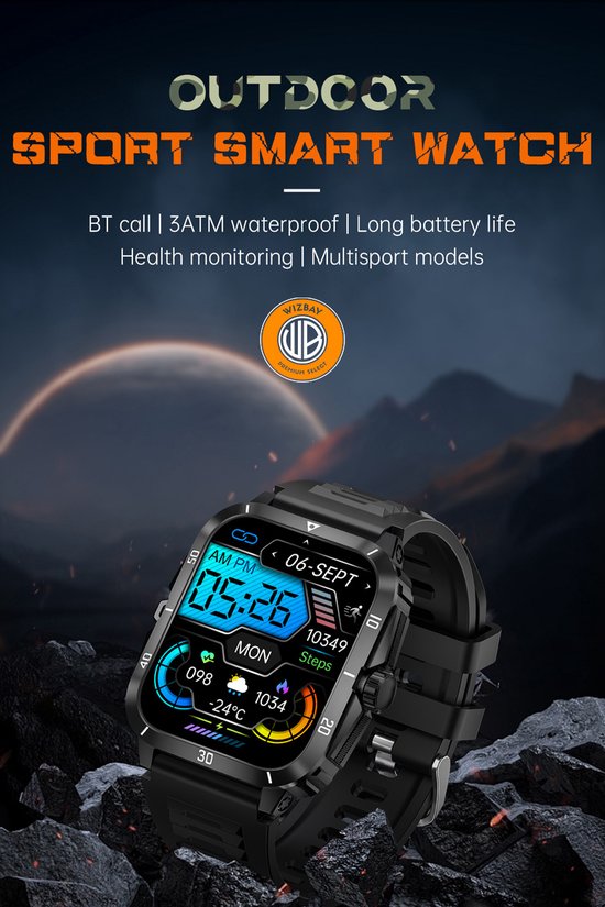 WizBay Premium Select® Outdoor Smartwatch - 1,96 Inch HD Scherm - Bluetooth Bellen - 3ATM Waterdicht - Hartslag Zuurstof Slaap - 100+ Sportstanden - 430mAh - Zwart Oranje Case