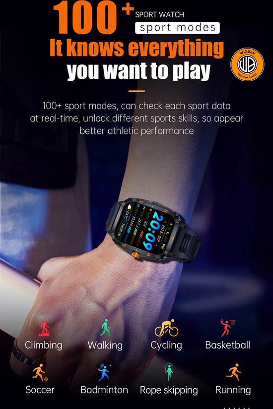 WizBay Premium Select® Outdoor Smartwatch - 1,96 Inch HD Scherm - Bluetooth Bellen - 3ATM Waterdicht - Hartslag Zuurstof Slaap - 100+ Sportstanden - 430mAh - Zwart Oranje Case