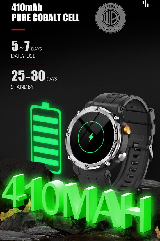 WizBay Premium Select® Smartwatch 1.39 inch - Bluetooth Bellen - Hartslag en Zuurstofmeting - Slaapmonitor - Sportmodi - AI Voice - IP67 - Mat Grijze RVS Kast - Zwarte TPU Band