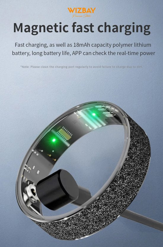 WizBay Premium Select® Zilveren FrostLook Smart Ring Dames Heren - Oplaad Case - Hypoallergeen - Hartslag & Slaap Monitor - IP68 Waterdicht - O2 Meting - Gesture Functie - Multiple Sport Modi - #11