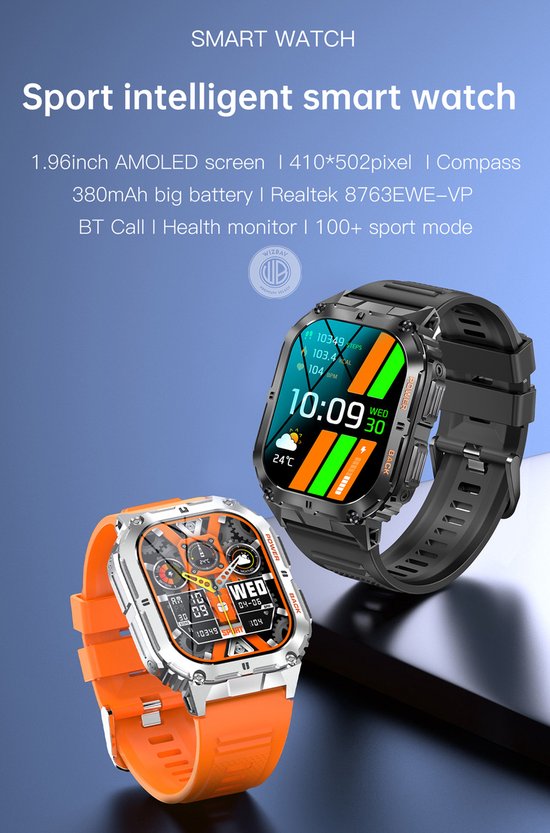 WizBay Premium Select® 1.96 inch AMOLED - Kompas - Bluetooth Bellen - Message - Dynamic Hartslag & Slaap Monitor - Bloeddruk & O2 - 100+ Sport Modi - 650mAh - Magnetic Laden - Zink Alloy Mat Zilveren Kast - Oranje TPU Band