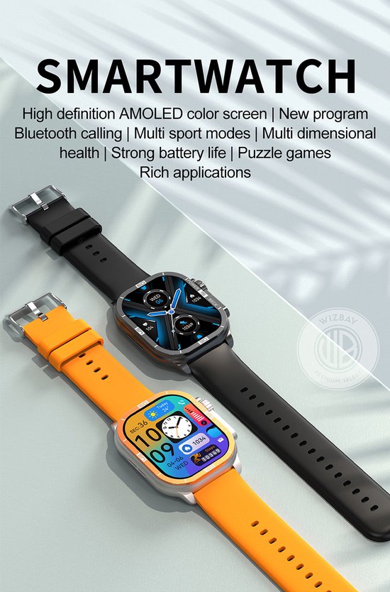 WizBay Premium Select® 2.06 inch AMOLED - Bluetooth Bellen - Message - Dynamic Hartslag & Slaap Monitor - Bloeddruk & O2 - 100+ Sport Modi - 650mAh - Magnetic Laden - Zink Alloy Zwarte Kast - Zwart TPU Band