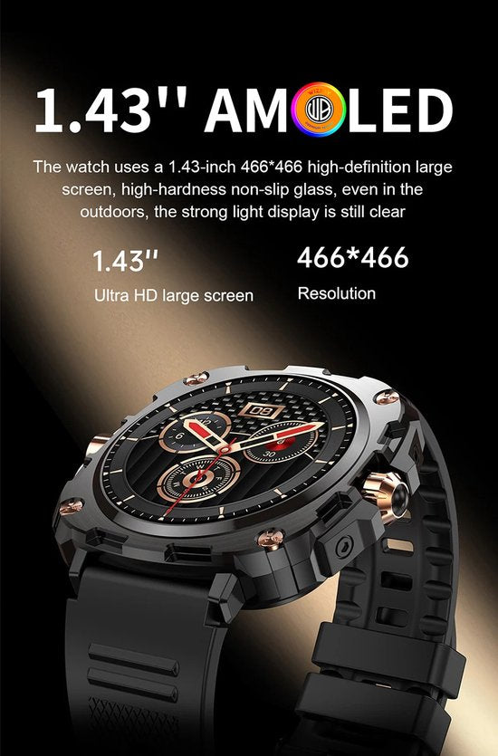 WizBay Premium Select® 1.43inch AMOLED Screen Smartwatch Dames Heren - Android en iOS - Bluetooth Call - 02 Zuurstof - Bloedruk - Dynamic Hartslag & Slaap Monitor - Message - Magnetic Laden - Smartwatches - Zwart met rvs Zwarte Band Rose Knoppen