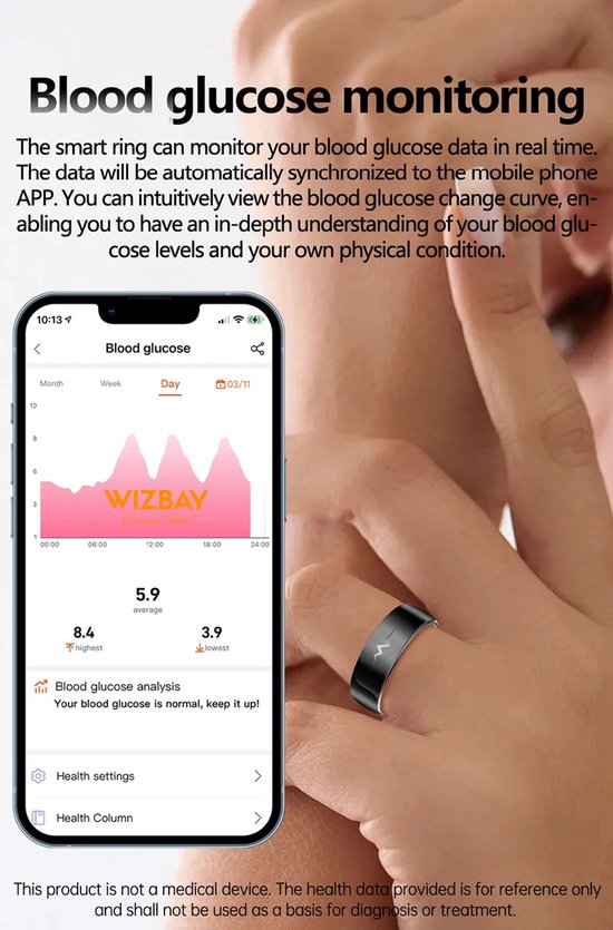 WizBay Premium Select® FlashSense Smart Ring – Glucose & ECG Meting – Gesture – Hypoallergeen – Waterdicht IP68 – Dames & Heren – Oplaadcase – Slaap, O2, Bloeddruk, Hartslag & Sportmonitoring - Zwart #11