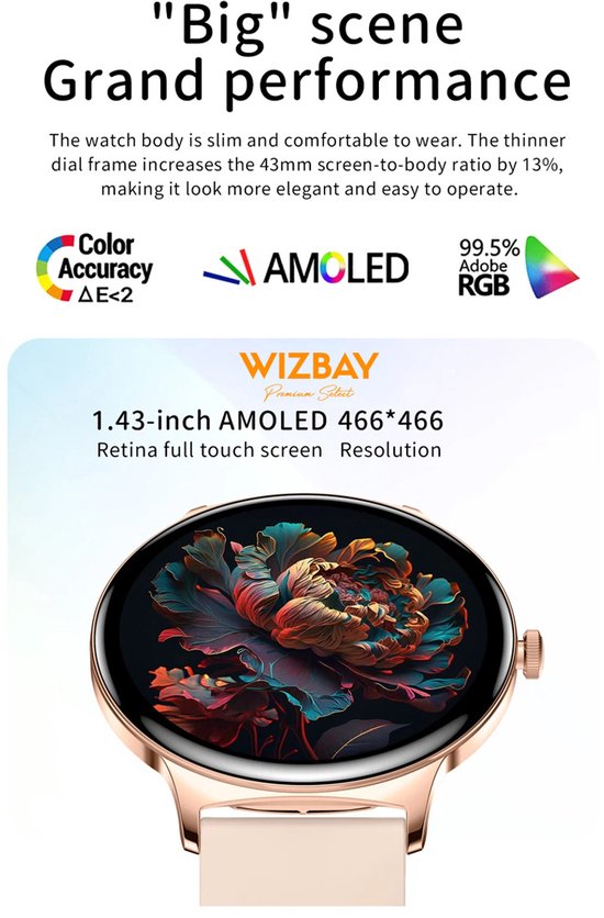 WizBay Premium Select® Ultra Dun 1.42inch AMOLED Elegante Smartwatch Dames Heren AMOLED - Android en iOS - Bluetooth Call - 02 Zuurstof - Dynamic Hartslag & Slaap Monitor - Message - Magnetic Laden - Smartwatches - Zwart Glanzende Kast - Zwarte Band