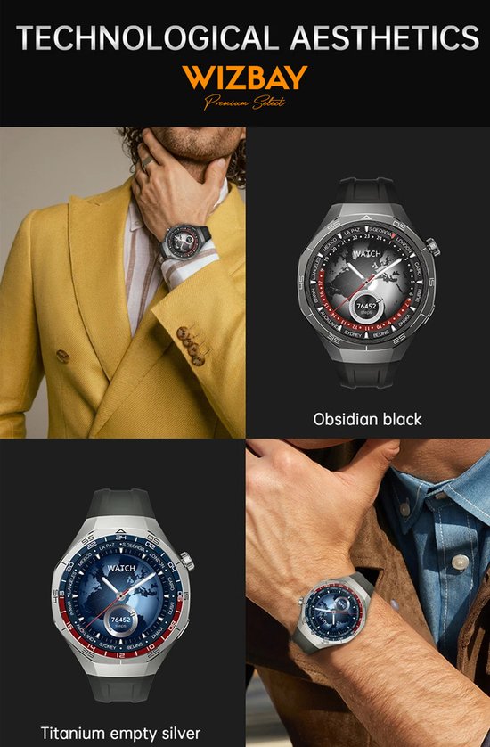 WizBay Premium Select® 1.53 inch TFT Smartwatch Dames Heren - Sapphire Glas - Android en iOS - Bluetooth Call - 02 Zuurstof - Bloedruk - Message - AI Voice - Multiple Sport Modi - Obsidiaan Zwarte Case 2 extra Banden Zwart Leer en Siliconen