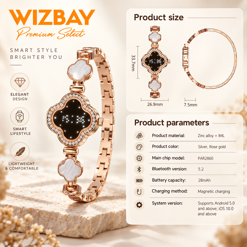 WizBay Premium Select® Smartwatch Dames – Hartslag, SpO2, Slaap & Stappenteller – Roségoud