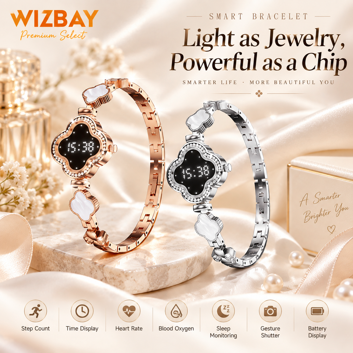 WizBay Premium Select® Smartwatch Dames – Hartslag, SpO2, Slaap & Stappenteller – Roségoud