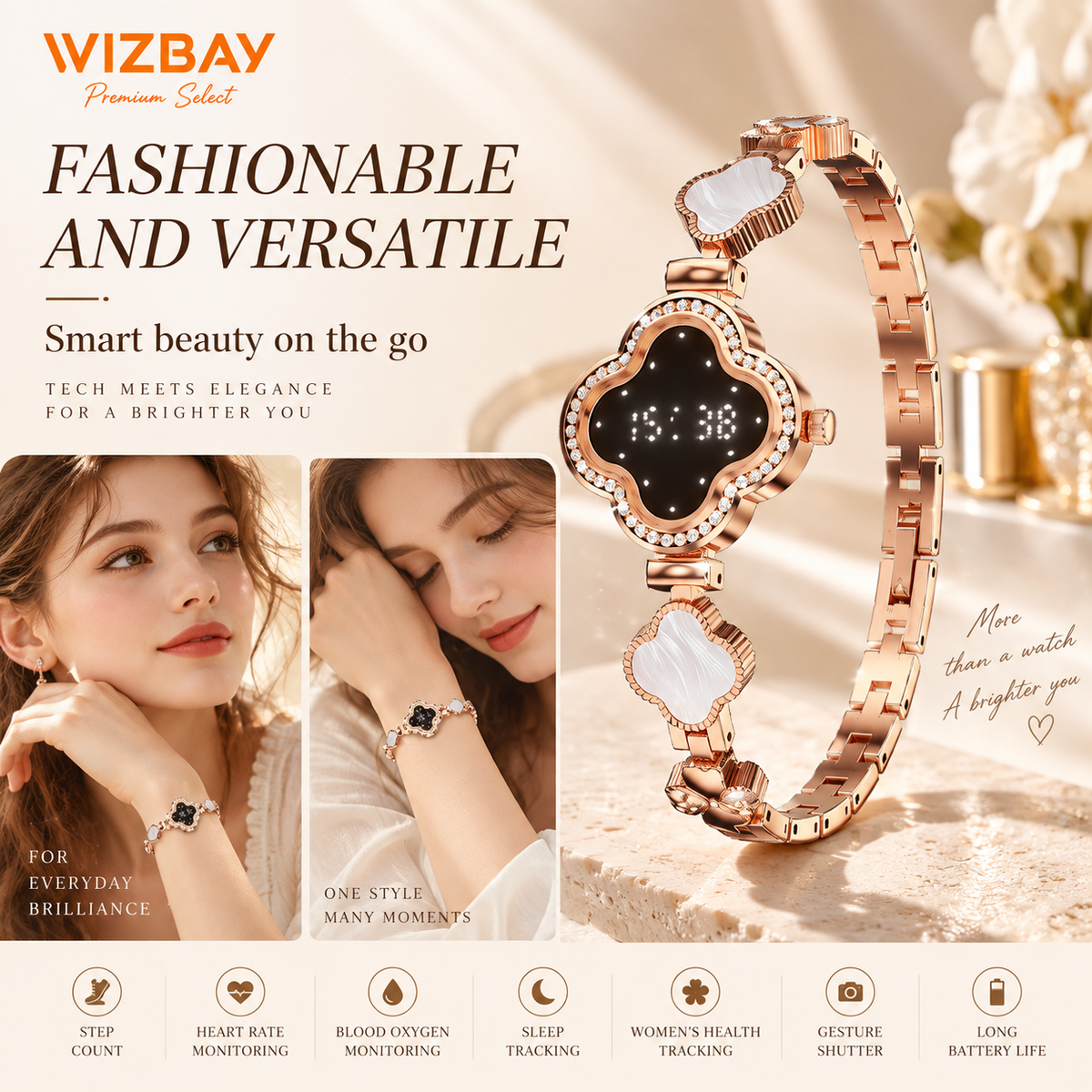 WizBay Premium Select® Smartwatch Dames – Hartslag, SpO2, Slaap & Stappenteller – Roségoud