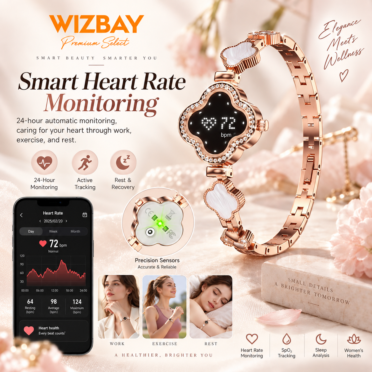 WizBay Premium Select® Smartwatch Dames – Hartslag, SpO2, Slaap & Stappenteller – Roségoud
