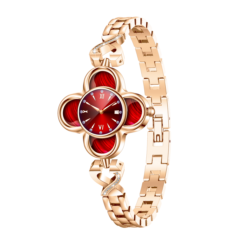 WizBay Premium Select® Dames Smartwatch Klaverdesign – Hartslag, SpO2 Bloeddruk en Slaap – 173 Sportmodi – GPS – Meldingen – iOS - Android – Goud - Rood