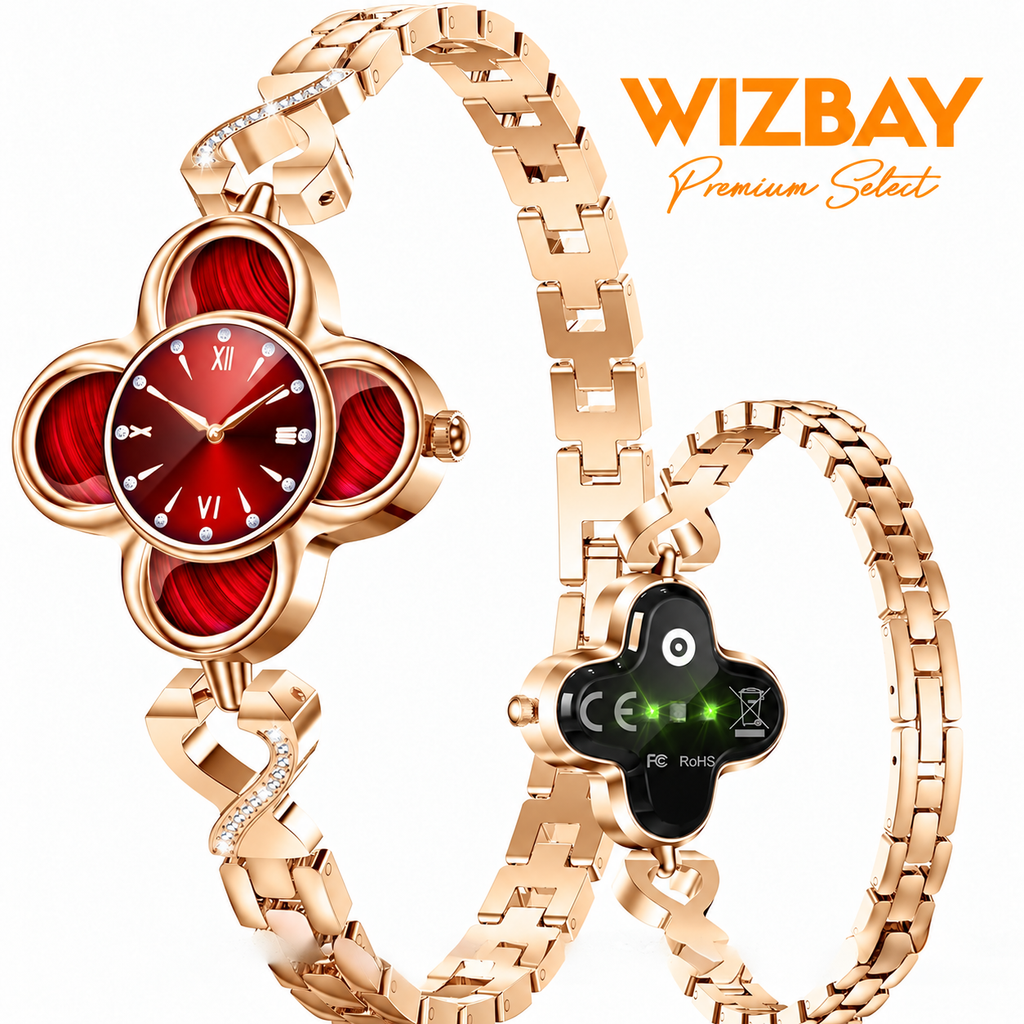 WizBay Premium Select® Dames Smartwatch Klaverdesign – Hartslag, SpO2 Bloeddruk en Slaap – 173 Sportmodi – GPS – Meldingen – iOS - Android – Goud - Rood