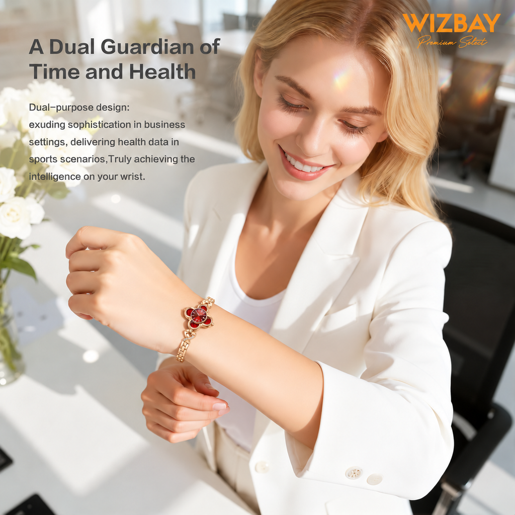 WizBay Premium Select® Dames Smartwatch Klaverdesign – Hartslag, SpO2 Bloeddruk en Slaap – 173 Sportmodi – GPS – Meldingen – iOS - Android – Goud - Rood