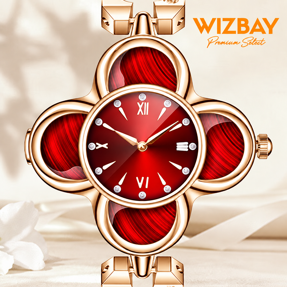 WizBay Premium Select® Dames Smartwatch Klaverdesign – Hartslag, SpO2 Bloeddruk en Slaap – 173 Sportmodi – GPS – Meldingen – iOS - Android – Goud - Rood