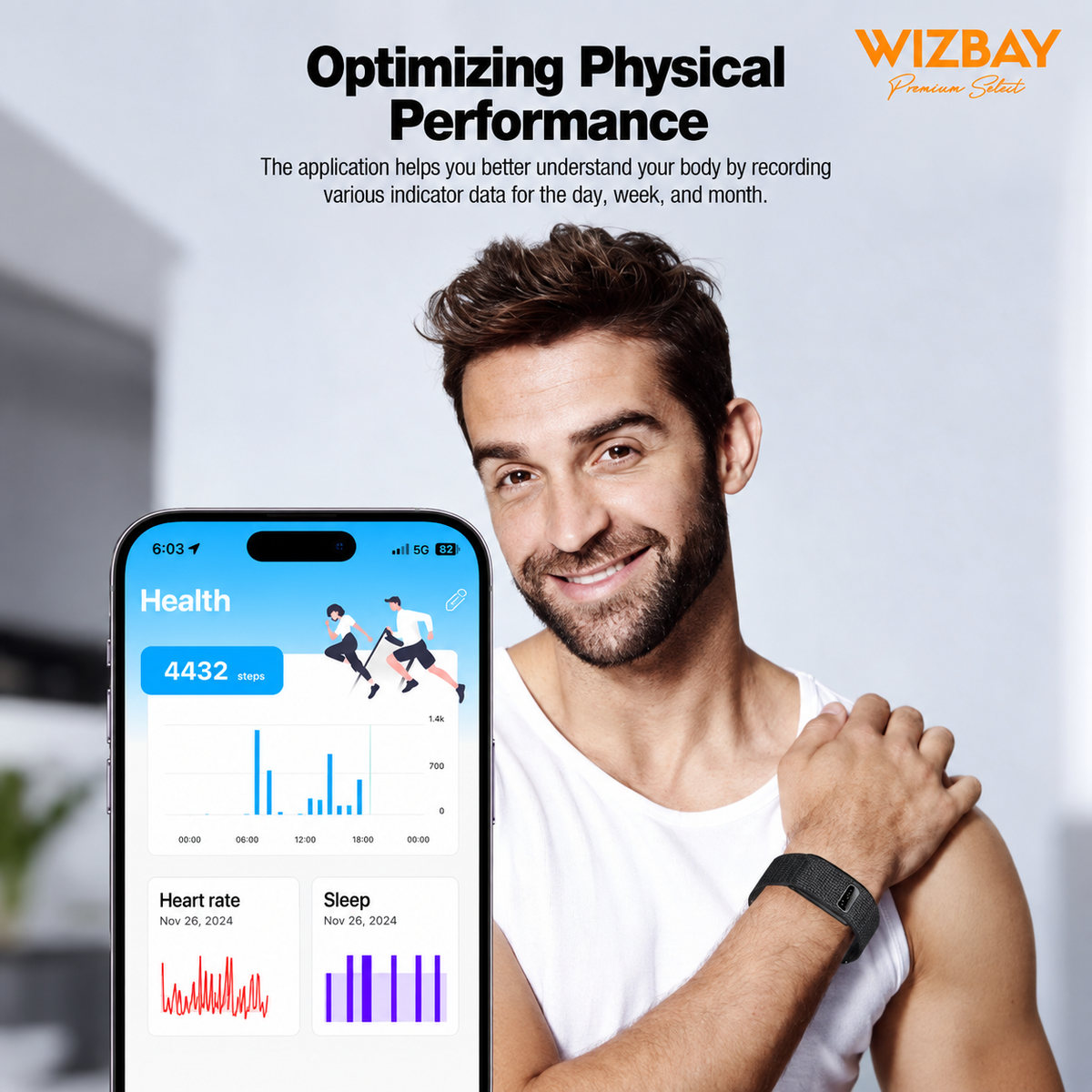 WizBay Premium Select - Fitness Tracker - GPS Tracker - Hartslag Bloedzuurstof - IP68 Waterdicht - Zwart